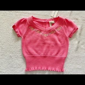 3T Janie And Jack Pink short Sleeve Sweater w/ Floral Embroidered Around Collar